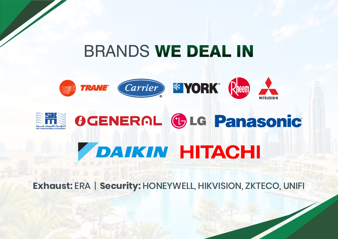 Brands in the SAMCO company profile: Trane, Carrier, York, Rheem, Mitsubishi Electric, Midea, O General, LG, Panasonic, Daikin and Hitachi